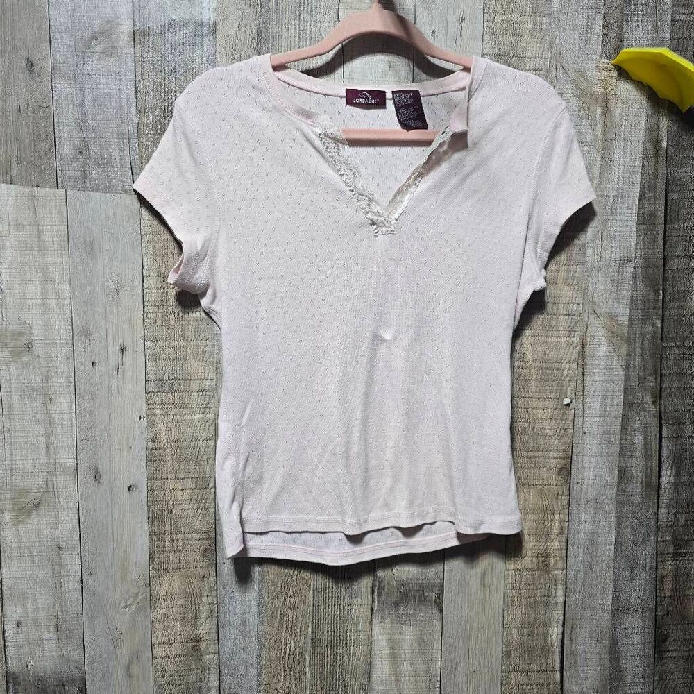 Jordache Vintage Y2K Pink Knit Lace Babydoll Tee Juniors XL Femme Preppy Retro
